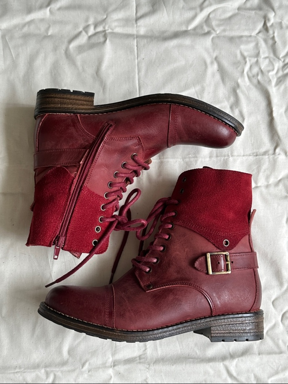 Eric Michael Red Leather Lace-Up Ankle Boots with Buckle Accent